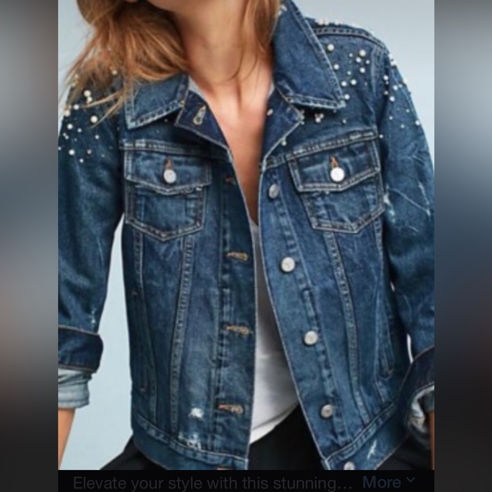 7 For All Mankind Blue Jean Jacket with Pearl Details front & back